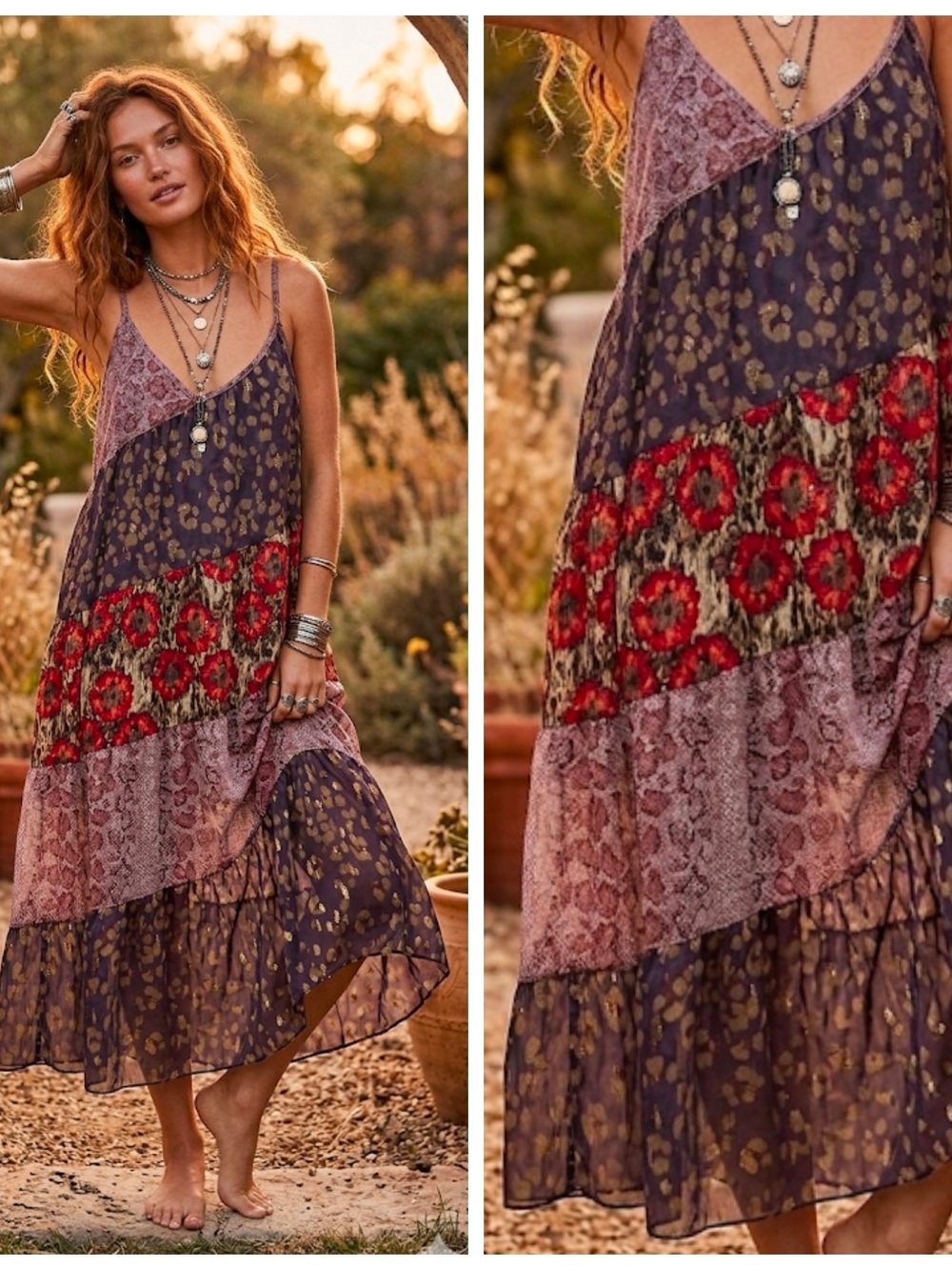 Boho Floral Tiered Contrast Print Midi Dress